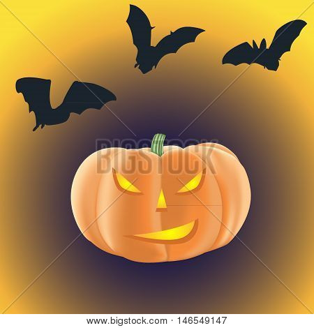 Vector illustration of halloween pumpkin with burning eyes on a dark background with bats