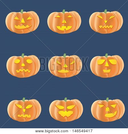 Vector illustration set of halloween pumpkins with several emotions against a dark background