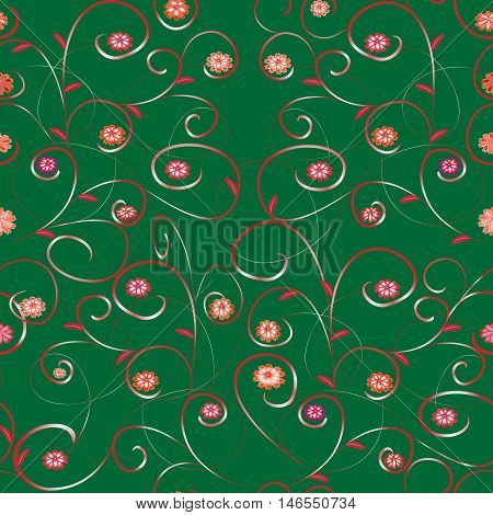 Seamless flower abstract pattern with leaves and branches on a green background. Vector illustration