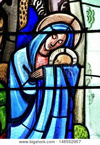 Poissy France - august 6 2016 : stained glass window of the historical collegiate church where the king Saint Louis was baptised