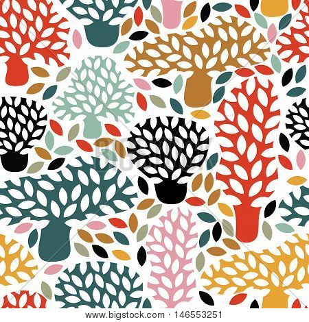 Vector Multicolor Seamless Pattern With Hand Drawn Doodle Trees.