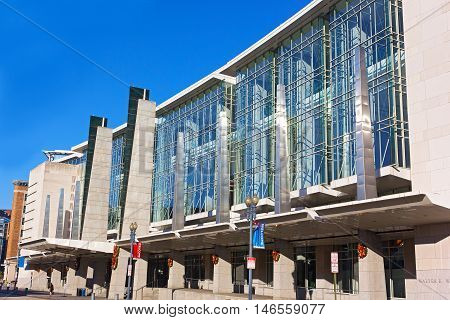 WASHINGTON DC USA - DECEMBER 7: Facade of The Walter E. Washington Convention Center in Washington DC on December 8 2015. Since 2014 the National Book Festival has been held at the center.