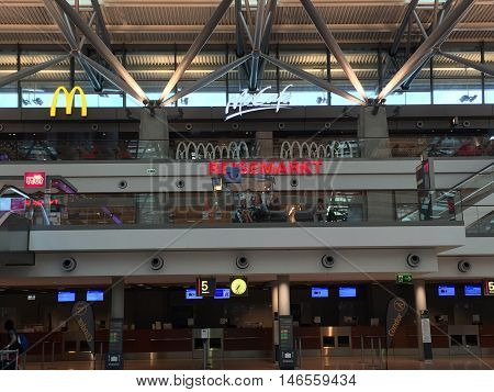 HAMBURG, GERMANY - AUG 28: Hamburg Airport (Flughafen Hamburg) in Germany, as seen on Aug 28, 2016. It is the fifth-busiest of Germany's commercial airports measured by the number of passengers.