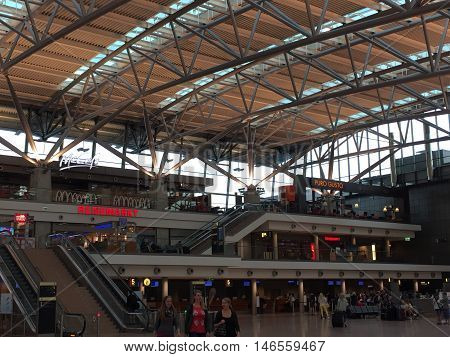 HAMBURG, GERMANY - AUG 28: Hamburg Airport (Flughafen Hamburg) in Germany, as seen on Aug 28, 2016. It is the fifth-busiest of Germany's commercial airports measured by the number of passengers.