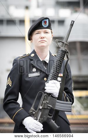 NEW YORK MAY 30 2016: Personnel from the US Army 99th Regional Support Command, Fort Dix, NJ prior to the rifle salute at the Memorial Day Observance service on the Intrepid Sea, Air & Space Museum.