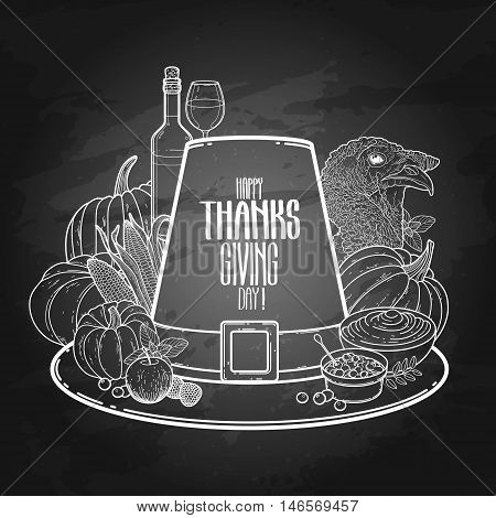 Graphic Thanksgiving day art. Vector piligrim hat drawn in line art style decorated with fruits and vegetables.