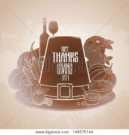 Graphic Thanksgiving day art. Vector piligrim hat drawn in line art style decorated with fruits and vegetables.