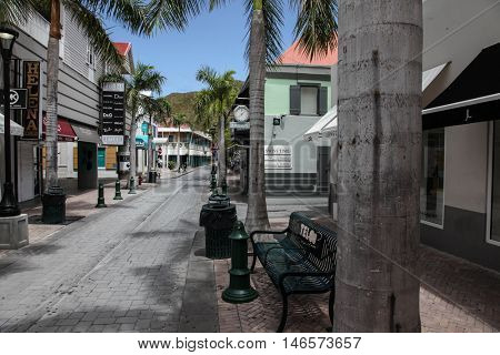 PHILIPSBURG, CARRIBEAN - AUGUST 2:  Shopping area on Back Street in Philipsburg in August 2, 2015 in St.Maarten, Caribbean Island.