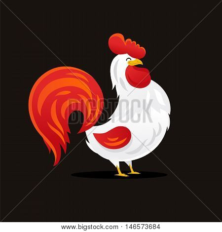 Cartoon drawing of a beautiful rooster. Vector illustration on a black background. The symbol of the Chinese New Year.