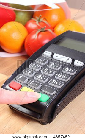 Using Payment Terminal, Fruits And Vegetables, Cashless Paying For Shopping, Enter Personal Identifi