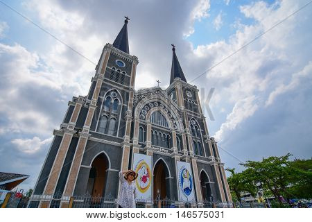 Asia Woman Standing At Roman Catholic Diocese