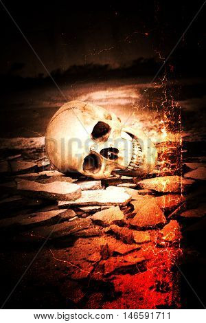 Human skull on ruins place,Horror Background For Halloween Concept And Movie Poster Project