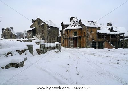 Old deserted village ruins in the middle of the winter