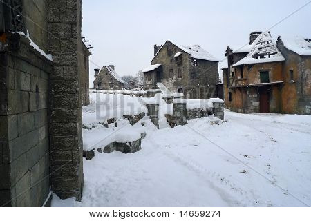 Old deserted village ruins in the middle of the winter