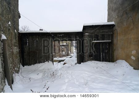 Old deserted village ruins in the middle of the winter