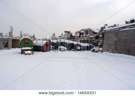 Old deserted village ruins in the middle of the winter