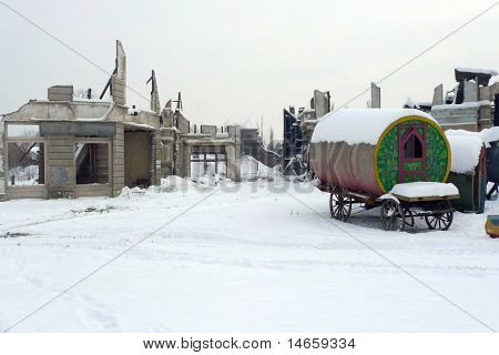 Old deserted village ruins in the middle of the winter