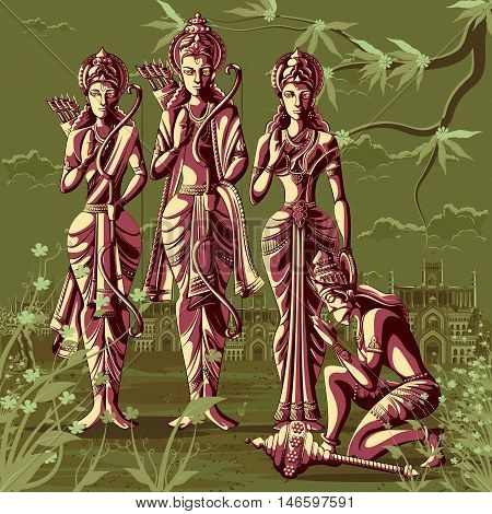 Indian God Rama Laxman and Sita with Hanuman. Vector illustration