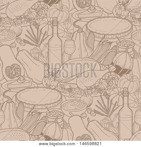 Graphic Thanksgiving day collection drawn in line art style. Vector seamless pattern in vintage colors