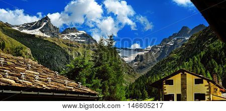 Mountains view in Pont, Valsavarenche valley, Gran Paradiso National Park, Aosta Valley, Italy