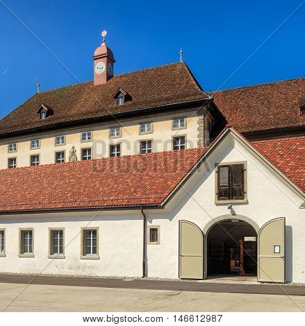 Einsiedeln, Switzerland - 8 September, 2015: buildings of the Einsiedeln Abbey view from the courtyard of the abbey. Einsiedeln Abbey is a Benedictine monastery in the town of Einsiedeln in the Swiss Canton of Schwyz.