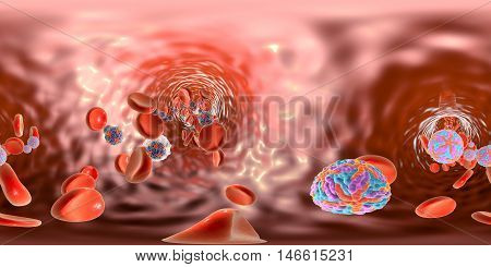 360-degree spherical panorama view of Zika viruses in blood with red blood cells, viruses which cause Zika fever found in Brazil and other tropical countries. 3D illustration