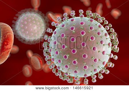 Zika viruses in blood with red blood cells, 3D illustration. Viruses which cause Zika fever found in Brazil and other tropical countries. Zika fever in pregnant women leads to microcephaly in fetus