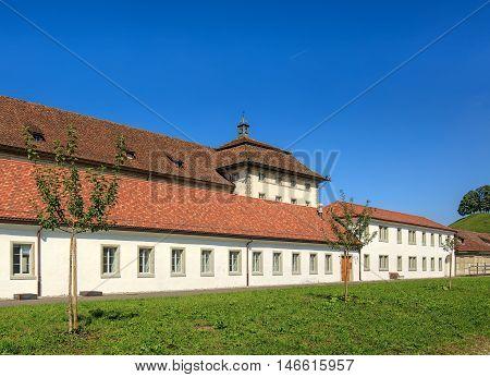 Einsiedeln, Switzerland - 8 September, 2015: buildings of the Einsiedeln Abbey view from the courtyard of the abbey. Einsiedeln Abbey is a Benedictine monastery in the town of Einsiedeln in the Swiss Canton of Schwyz.