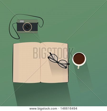 top view of modern camera book and coffee cup. vector