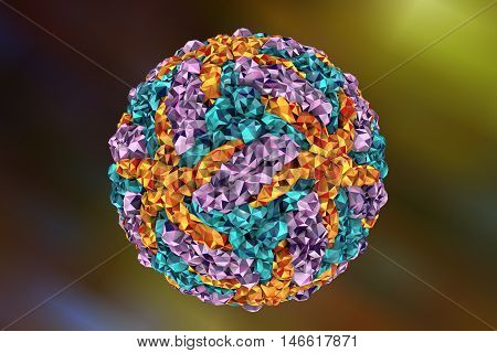 Zika virus on colorful background. Zika virus causes Zika fever found in Brazil and other tropical countries. Low-polygonal image. 3D illustration