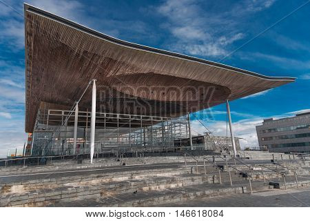 Editorial CARDIFF, UK - SEPTEMBER 9, 2016: The Senedd, also known as the National Assembly building, was opened by Queen Elizabeth II on 1 March 2006 in Cardiff, South Wales and is the location of the Welsh Parliament.