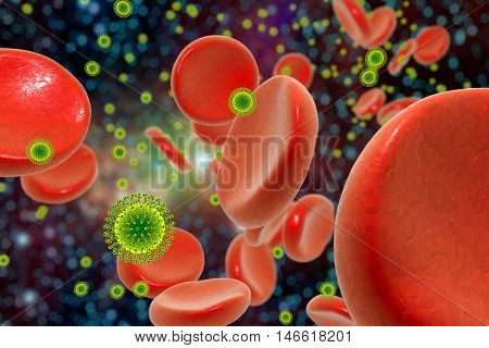 Zika viruses in blood with red blood cells, 3D illustration. Viruses which cause Zika fever found in Brazil and other tropical countries. Zika fever in pregnant women leads to microcephaly in fetus