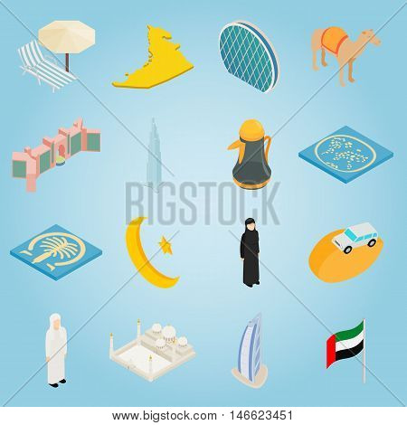 Isometric uae icons set. Universal uae icons to use for web and mobile UI, set of basic uae elements vector illustration