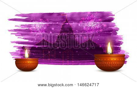 Creative illustration of a Temple decorated with lights and beautiful Illuminated Oil Lamps  for Indian Festival, Happy Diwali celebration.