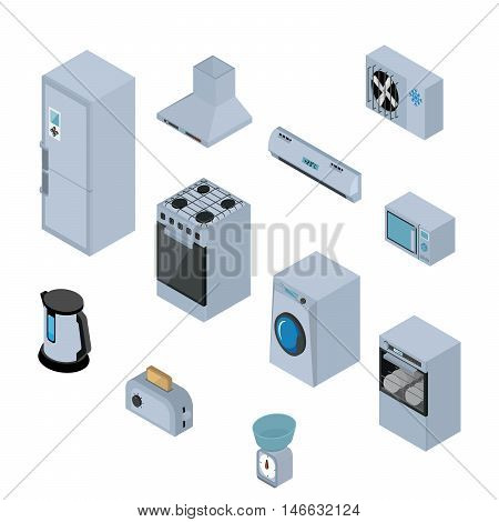 Household appliances isometric icons set with refrigerator, stove, washing machine, dishwasher, extractor, microwave, kettle, toaster and scales isolated vector illustration