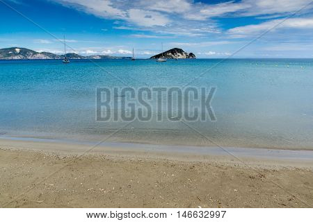 Panoramic view of marathia beach at Zakynthos island, Greece