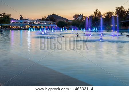 Sunset over Singing Fountains in City of Plovdiv, Bulgaria Tsar Simeon Garden