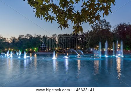 Amazing Sunset over Singing Fountains in City of Plovdiv, Bulgaria Tsar Simeon Garden