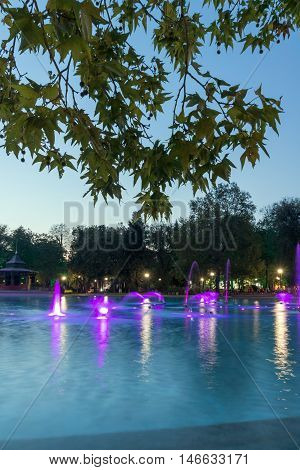 Sunset view Singing Fountains in City of Plovdiv, Bulgaria Tsar Simeon Garden