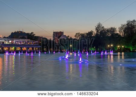 Sunset Panorama of Singing Fountains in City of Plovdiv, Bulgaria Tsar Simeon Garden