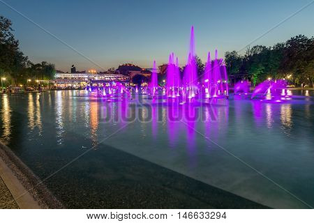 Sunset view of Singing Fountains in City of Plovdiv, Bulgaria Tsar Simeon Garden
