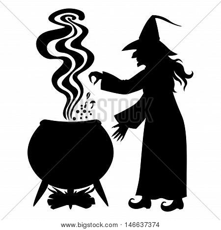 Vector illustrations of Halloween silhouette Witch brews a potion in pot isolated on white background