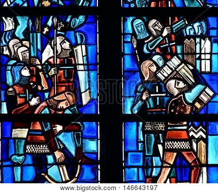Poissy France - august 6 2016 : stained glass window of the historical collegiate church where the king Saint Louis was baptised