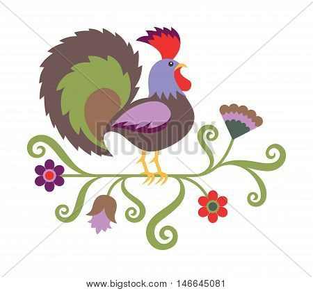 Vector illustration of rooster New Years design element. Folk art styled illustration of rooster
