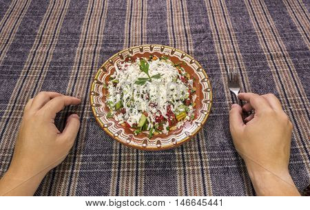 Eating Traditional Shopska Salad