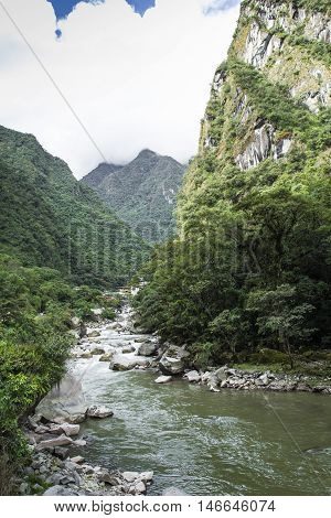 The Railroad Track Crossing Jungle And Urubamba River, Connecting Machu Picchu Village To Hydroelect