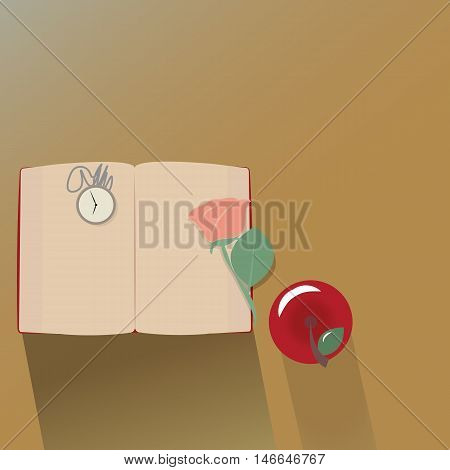 top view of classic book rose, apple and clock. vector