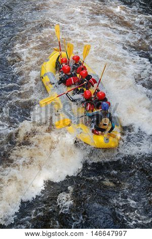 BALA GWYNEDD, WALES - SEPTEMBER 10, 2016: White water rafting at the National White Water Centre on the River Tryweryn outside Bala North Wales.