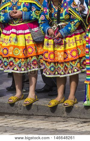 Cusco - Peru - June 06, 2016 : Peruvian Dancers At The Parade In Cusco. People In Traditional Clothe