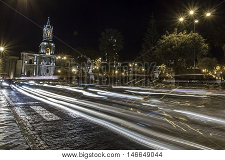 Arequipa, Peru - May 06, 2016: Colonial Houses On Plaza De Armas Square In Arequipa, Peru
